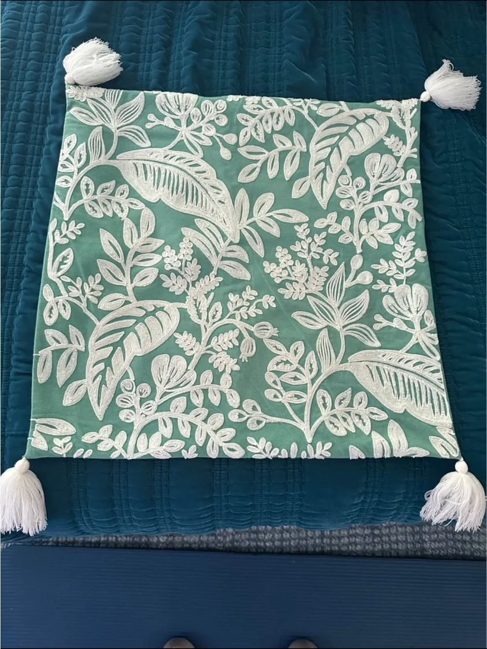 Rifle Paper x Loloi Collection Embroidered Green and White Throw Pillow Cover